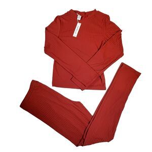 Capella Women’s Large Rust Rib-Knit 2 Piece Long Sleeve & Pants Lounge Set NWT